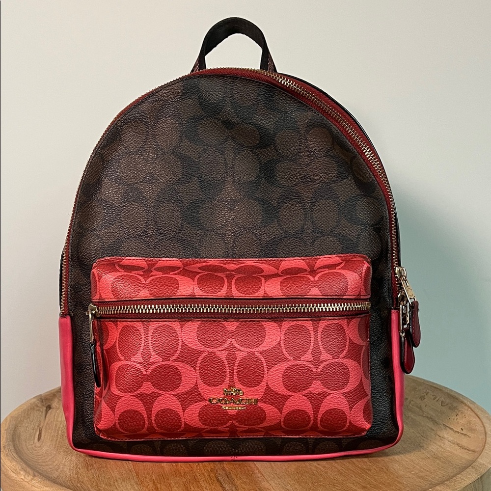 Coach Medium Charlie Backpack In Blocked Signature Monogram Canvas and Leather